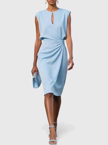 Dames Midi Jurk Mouwloos met Keyhole-hals en Plooirok Lichtblauw