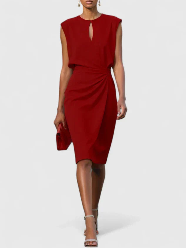 Dames Midi Jurk Mouwloos met Keyhole-hals en Plooirok Rood