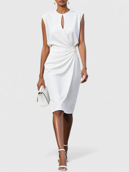 Dames Midi Jurk Mouwloos met Keyhole-hals en Plooirok Wit