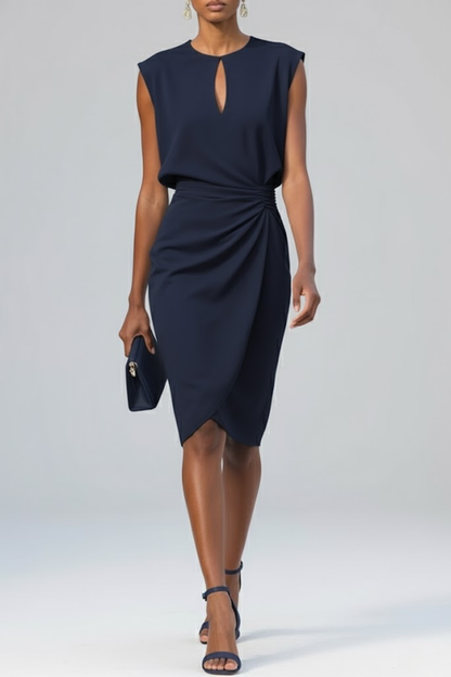Dames Midi-jurk Mouwloos met Keyhole Hals en Ruches Marineblauw