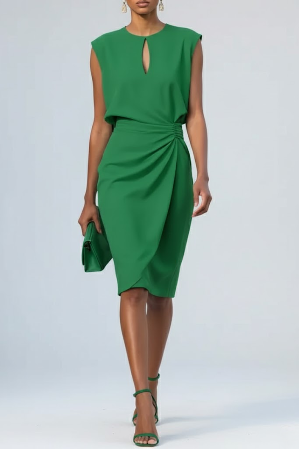 Dames Midi-jurk Mouwloos met Keyhole Hals en Ruches Groen