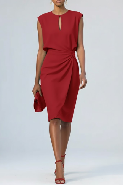 Dames Midi-jurk Mouwloos met Keyhole Hals en Ruches Rood