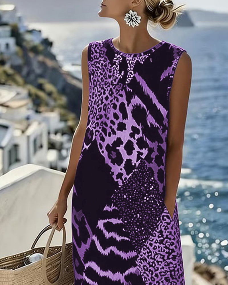 Dames Midi Jurk Mouwloos met Ronde Hals en Dierenprint Patchwork