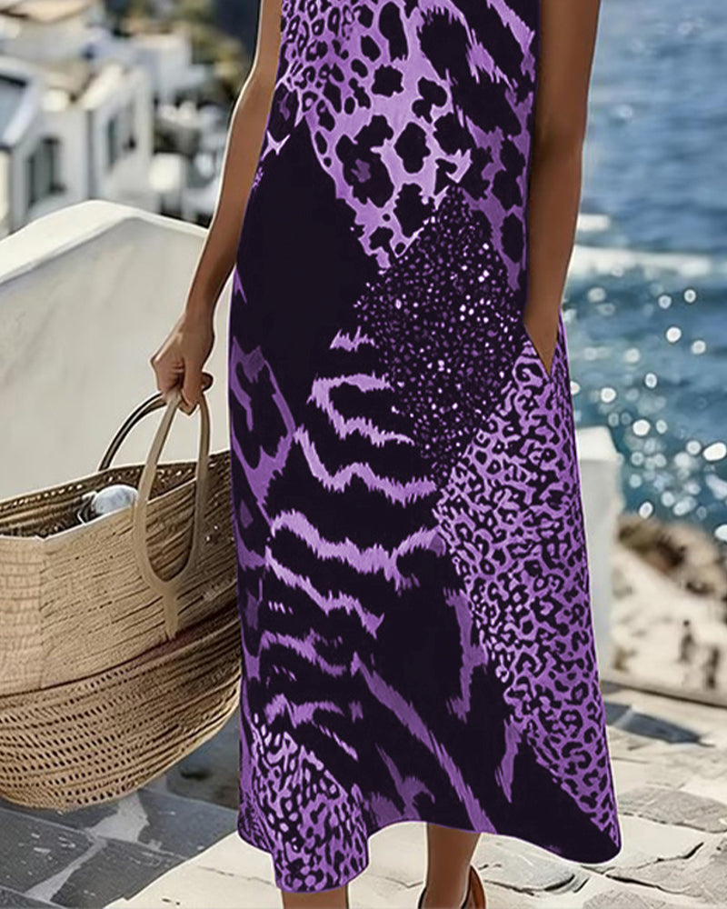 Dames Midi Jurk Mouwloos met Ronde Hals en Dierenprint Patchwork