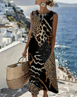 Dames Midi Jurk Mouwloos met Ronde Hals en Dierenprint Patchwork