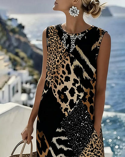 Dames Midi Jurk Mouwloos met Ronde Hals en Dierenprint Patchwork