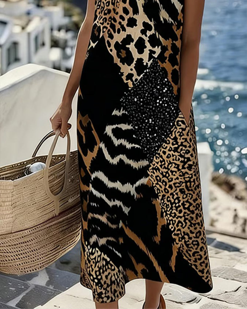Dames Midi Jurk Mouwloos met Ronde Hals en Dierenprint Patchwork