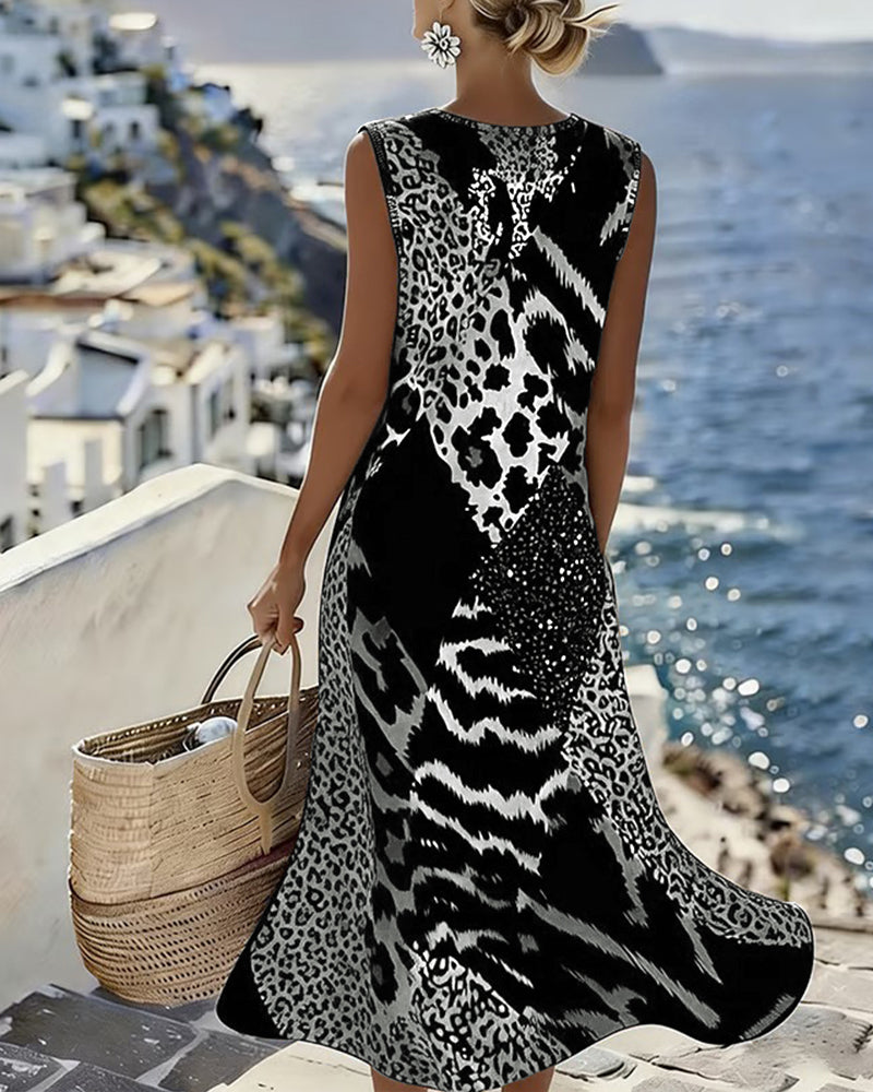 Dames Midi Jurk Mouwloos met Ronde Hals en Dierenprint Patchwork Wit