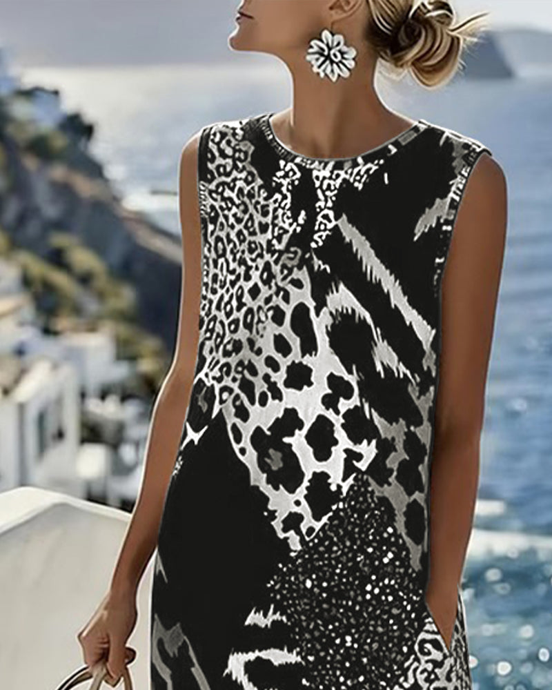 Dames Midi Jurk Mouwloos met Ronde Hals en Dierenprint Patchwork