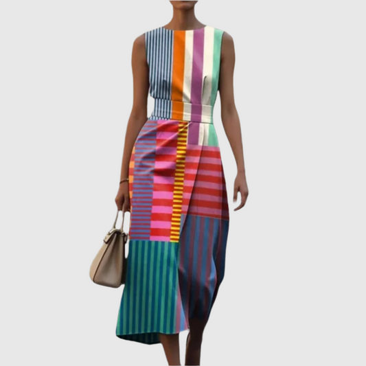 Dames Midi Jurk Mouwloos met Ronde Hals en Geometrische Streepprint Blauw Oranje