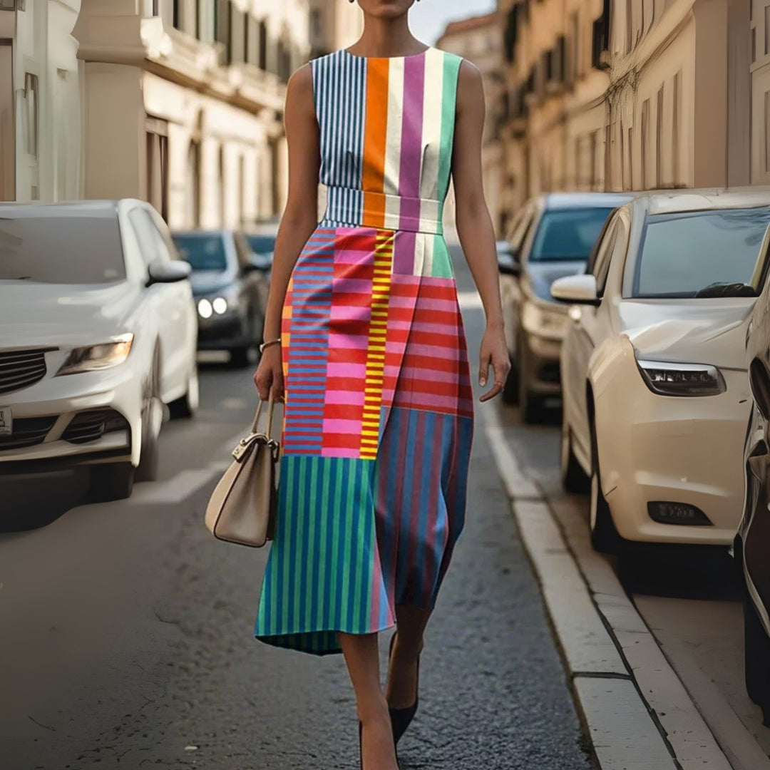 Dames Midi Jurk Mouwloos met Ronde Hals en Geometrische Streepprint