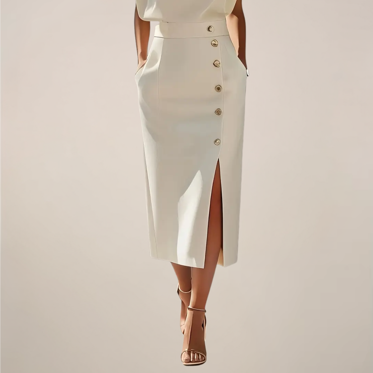 Dames Midi Jurk Mouwloos met Ronde Hals, Gouden Knopen en Split