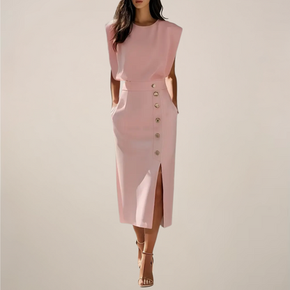 Dames Midi Jurk Mouwloos met Ronde Hals, Gouden Knopen en Split Roze
