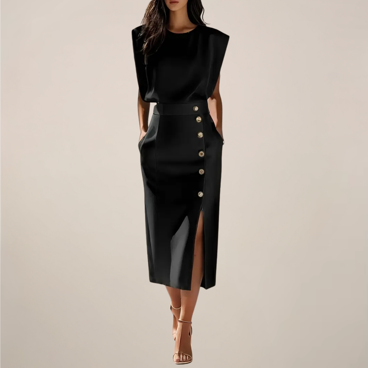Dames Midi Jurk Mouwloos met Ronde Hals, Gouden Knopen en Split Zwart