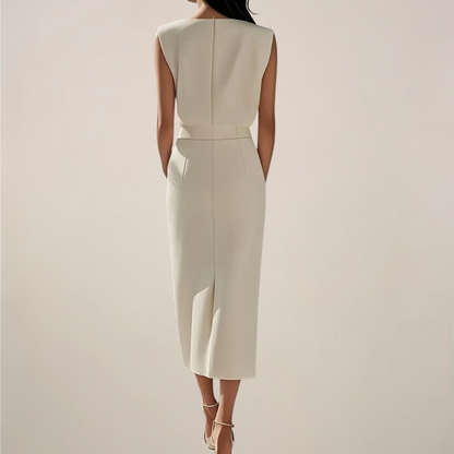 Dames Midi Jurk Mouwloos met Ronde Hals, Gouden Knopen en Split