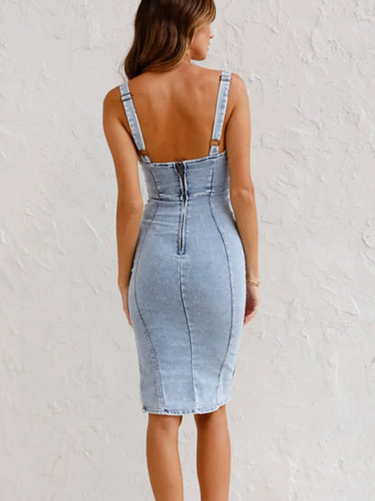 Dames Midi Jurk Mouwloos met Slim Fit, Verstelbare Bandjes en Zijsplit