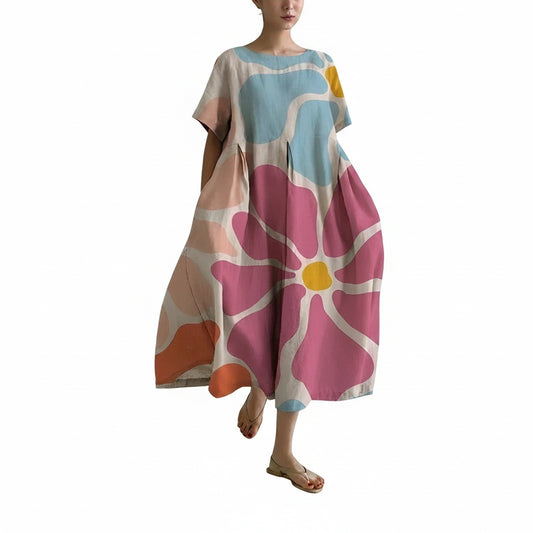 Dames Midi Jurk Oversized met Bloemenprint en Ronde Hals Korte Mouw