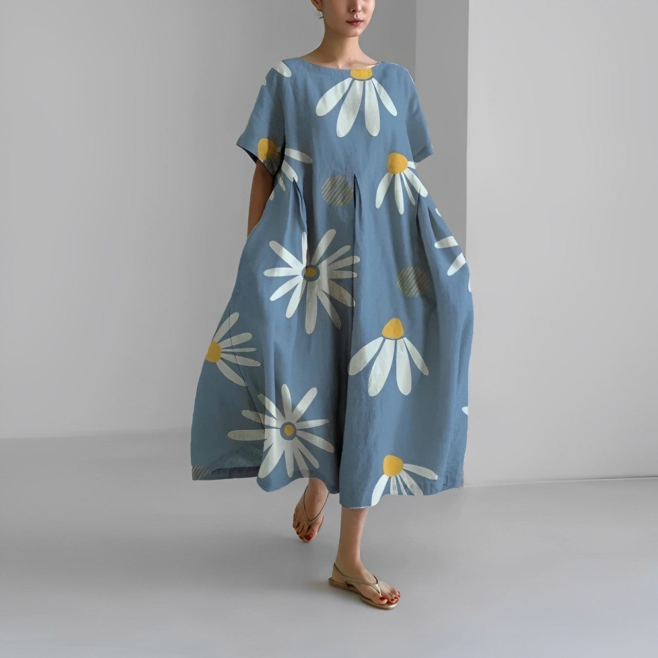 Dames Midi Jurk Oversized met Bloemenprint en Ronde Hals Korte Mouw Lichtblauw