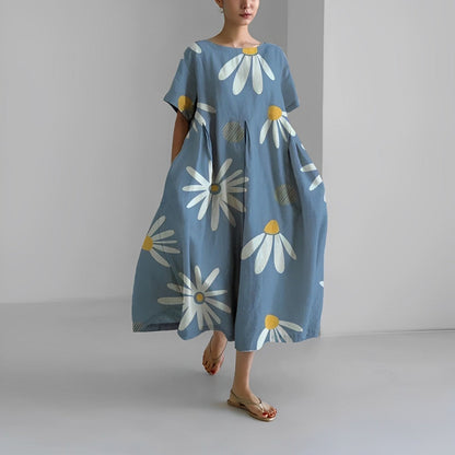 Dames Midi Jurk Oversized met Bloemenprint en Ronde Hals Korte Mouw Lichtblauw