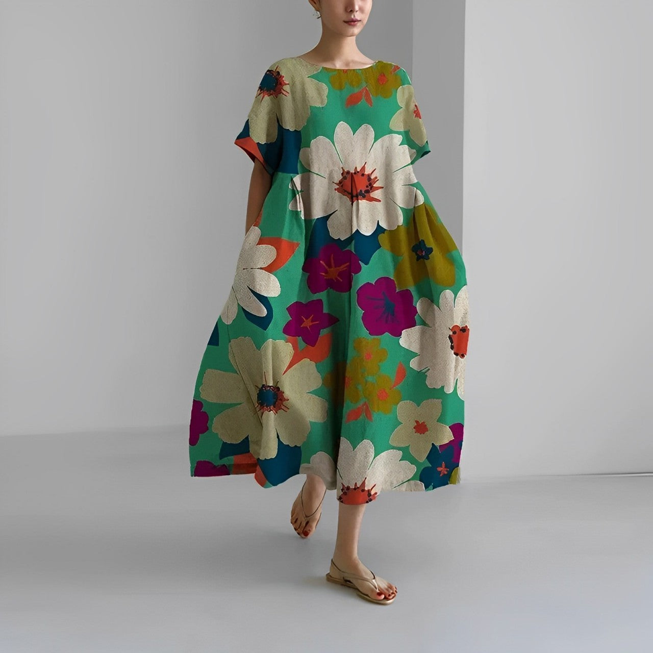 Dames Midi Jurk Oversized met Bloemenprint en Ronde Hals Korte Mouw Groen