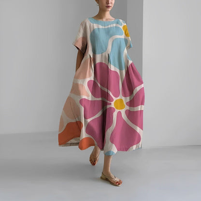 Dames Midi Jurk Oversized met Bloemenprint en Ronde Hals Korte Mouw Roze