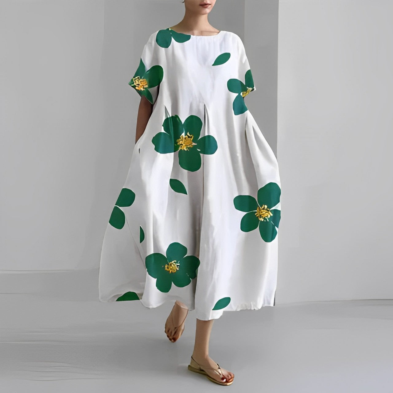 Dames Midi Jurk Oversized met Bloemenprint en Ronde Hals Korte Mouw Wit