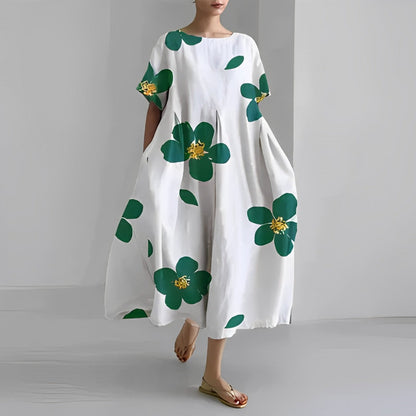 Dames Midi Jurk Oversized met Bloemenprint en Ronde Hals Korte Mouw Wit