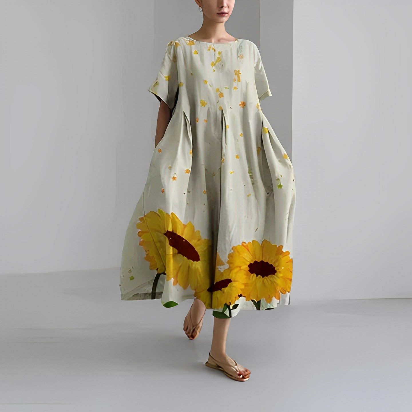 Dames Midi Jurk Oversized met Bloemenprint en Ronde Hals Korte Mouw Beige