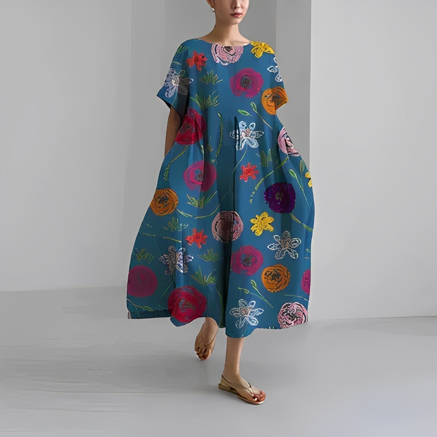 Dames Midi Jurk Oversized met Bloemenprint en Ronde Hals Korte Mouw Blauw