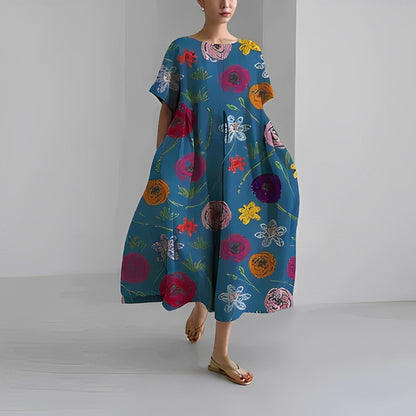 Dames Midi Jurk Oversized met Bloemenprint en Ronde Hals Korte Mouw Blauw