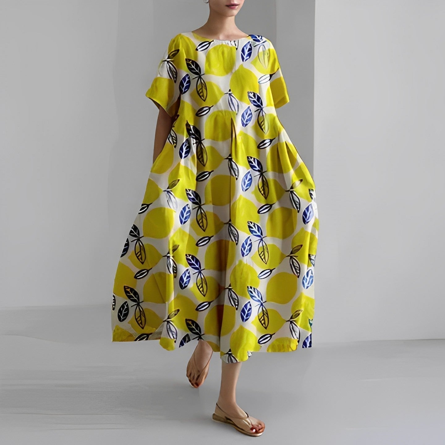 Dames Midi Jurk Oversized met Bloemenprint en Ronde Hals Korte Mouw Geel