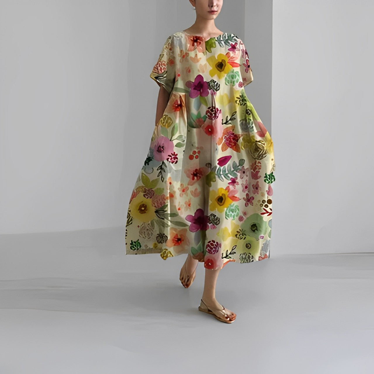 Dames Midi Jurk Oversized met Bloemenprint en Ronde Hals Korte Mouw Geel Roze Groen
