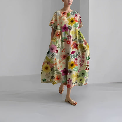 Dames Midi Jurk Oversized met Bloemenprint en Ronde Hals Korte Mouw Geel Roze Groen