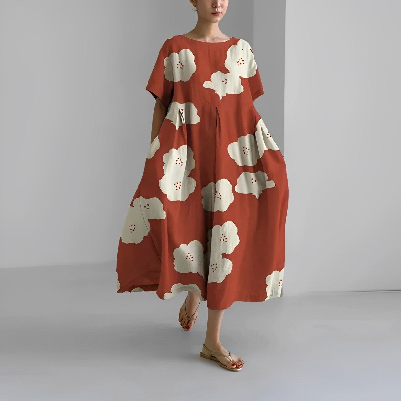 Dames Midi Jurk Oversized met Bloemenprint en Ronde Hals Korte Mouw Rood