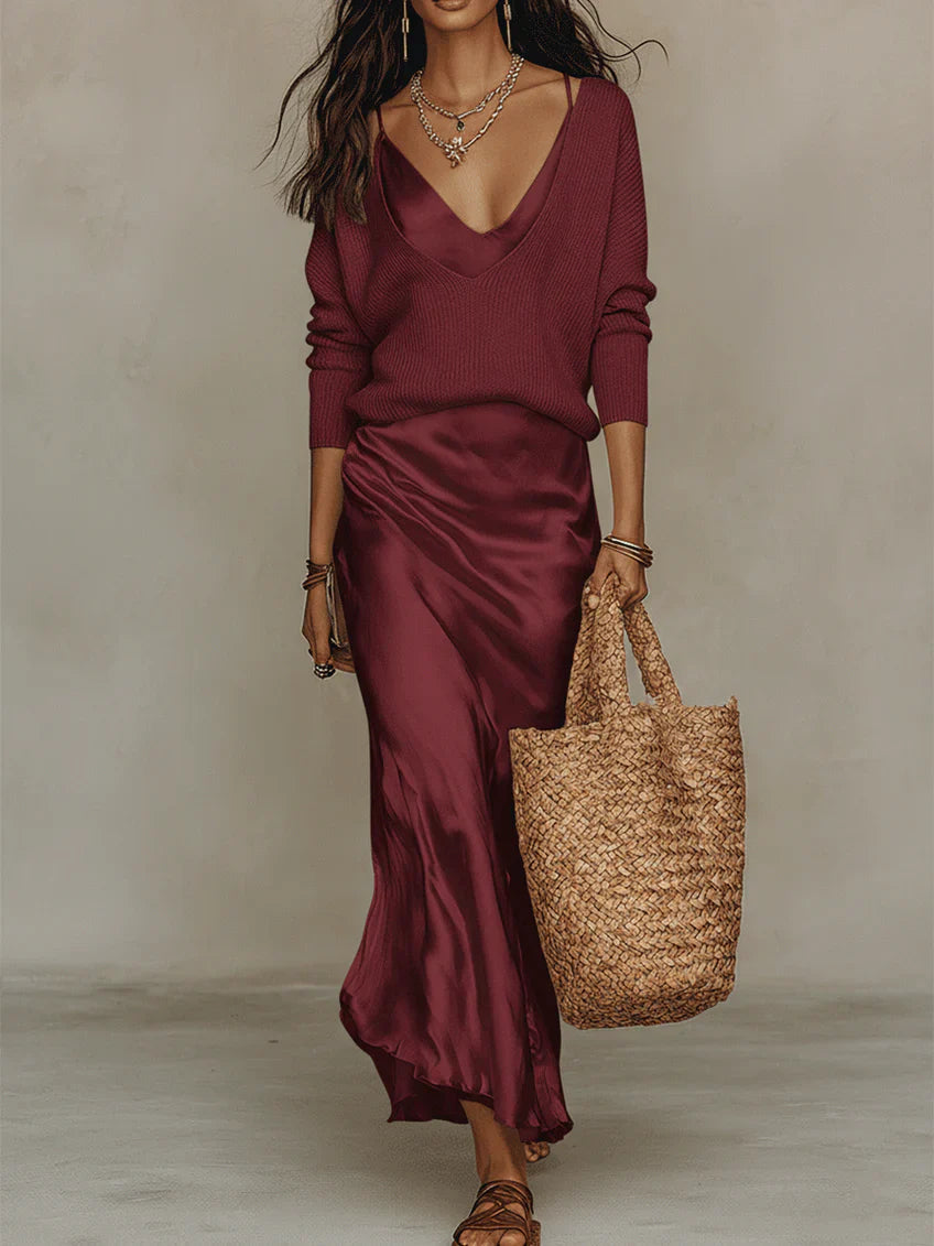 Dames Midi Jurk Set met V-hals Spaghettibandjes en Bijpassende Sweater Rood