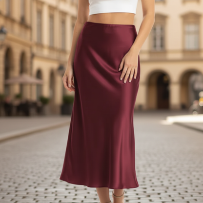 Dames Midi Rok met Hoge Taille en Vloeiende Snit Rood