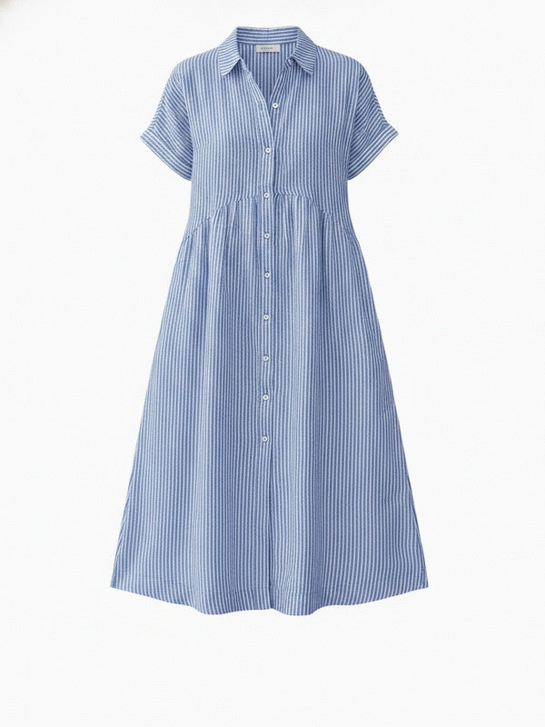 Dames Midi Shirt Dress met Korte Mouw, Knoopsluiting en Streeppatroon