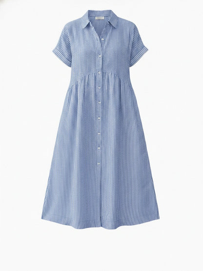 Dames Midi Shirt Dress met Korte Mouw, Knoopsluiting en Streeppatroon