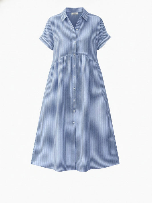 Dames Midi Shirt Dress met Korte Mouw, Knoopsluiting en Streeppatroon
