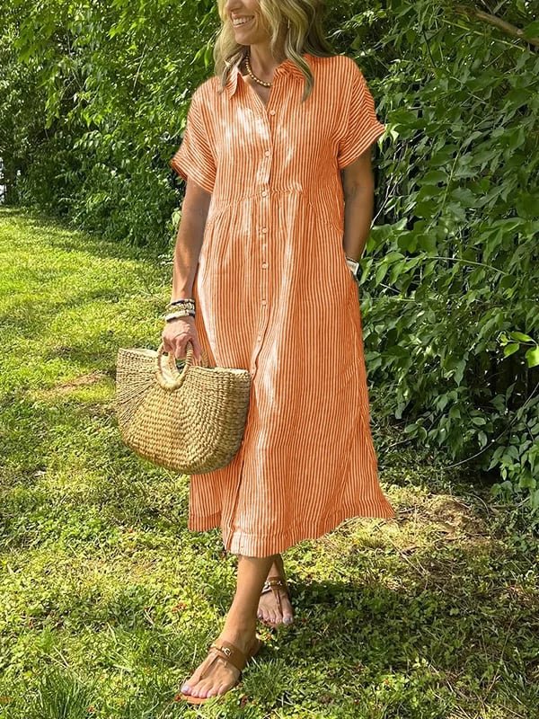 Dames Midi Shirt Dress met Korte Mouw, Knoopsluiting en Streeppatroon Oranje