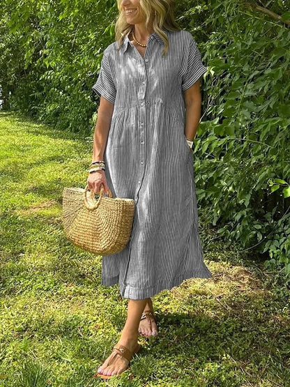 Dames Midi Shirt Dress met Korte Mouw, Knoopsluiting en Streeppatroon Grijs