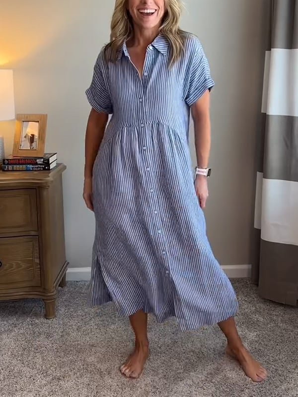 Dames Midi Shirt Dress met Korte Mouw, Knoopsluiting en Streeppatroon
