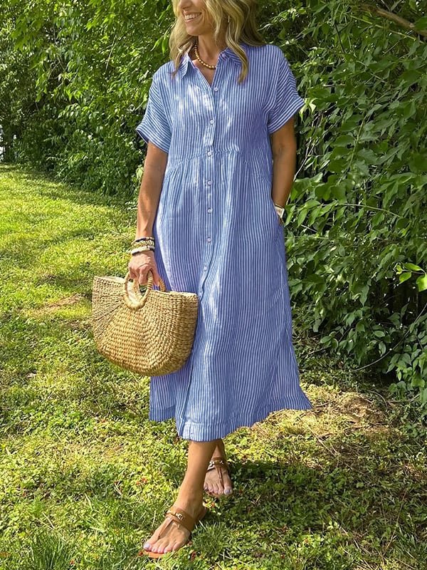Dames Midi Shirt Dress met Korte Mouw, Knoopsluiting en Streeppatroon Blauw