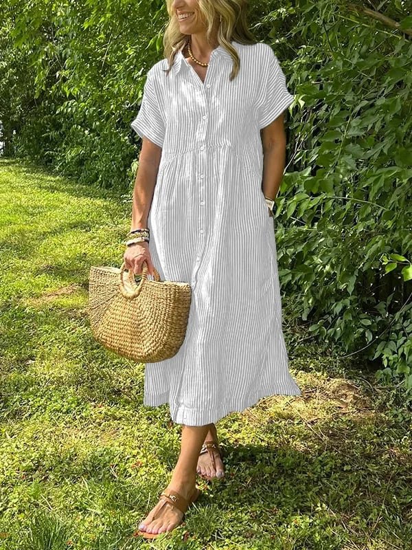 Dames Midi Shirt Dress met Korte Mouw, Knoopsluiting en Streeppatroon Wit