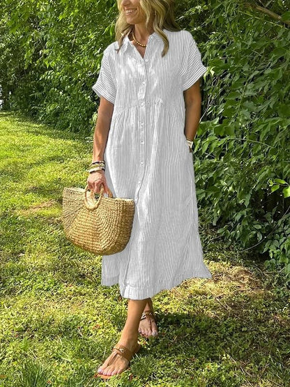 Dames Midi Shirt Dress met Korte Mouw, Knoopsluiting en Streeppatroon Wit