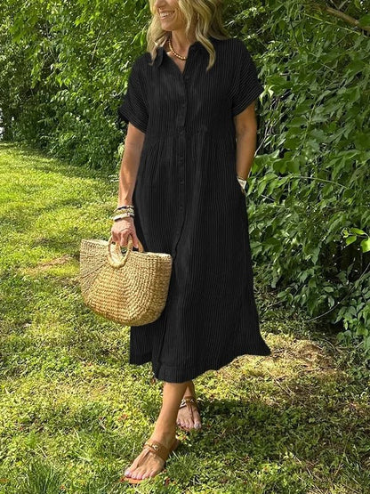 Dames Midi Shirt Dress met Korte Mouw, Knoopsluiting en Streeppatroon Zwart