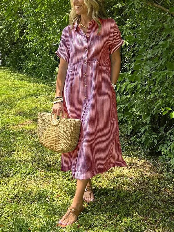 Dames Midi Shirt Dress met Korte Mouw, Knoopsluiting en Streeppatroon Rood