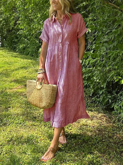 Dames Midi Shirt Dress met Korte Mouw, Knoopsluiting en Streeppatroon Rood
