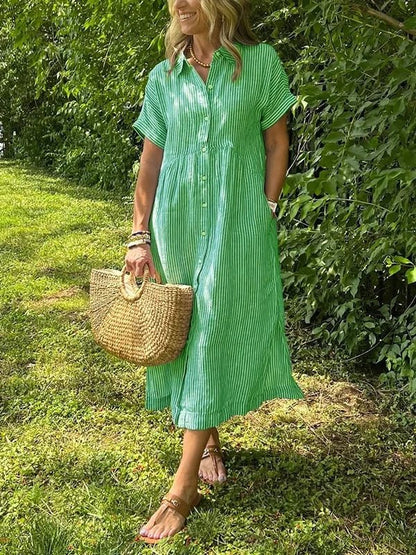 Dames Midi Shirt Dress met Korte Mouw, Knoopsluiting en Streeppatroon Groen