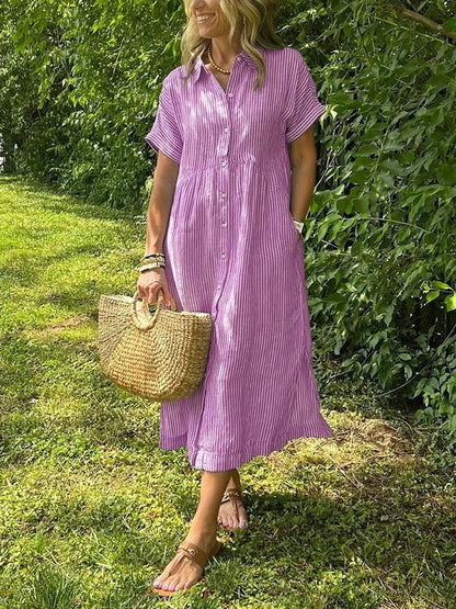 Dames Midi Shirt Dress met Korte Mouw, Knoopsluiting en Streeppatroon Roze